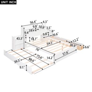 Full Storage Bed Frame with Twin Size Trundle,Bookcase Headboard and Charging Station,Wood Full Size Platform Bed with Pull Out Shelves and Drawers for Kids,Teens,Adults,Noise Free,White