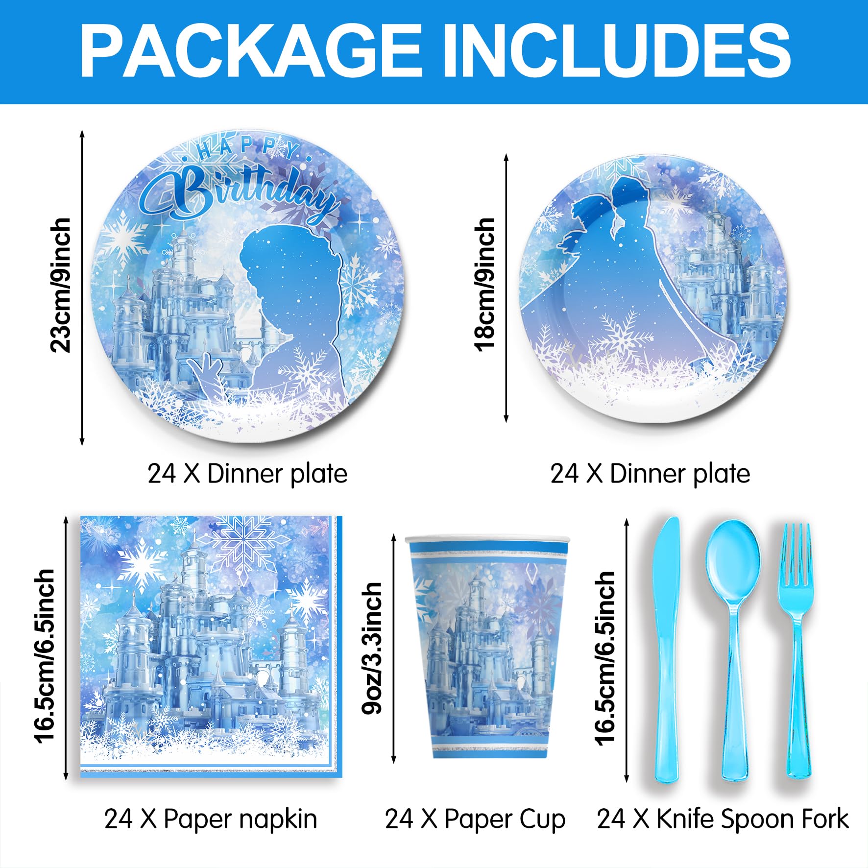 Piooluialy Frozen Birthday Party Supplies Tableware - Frozen Themed Party Decorations Include Dinner Plates, Cups, Napkins, Cutlery, Snow Frozen Baby Shower Birthday Party Decorations | 24 Guests