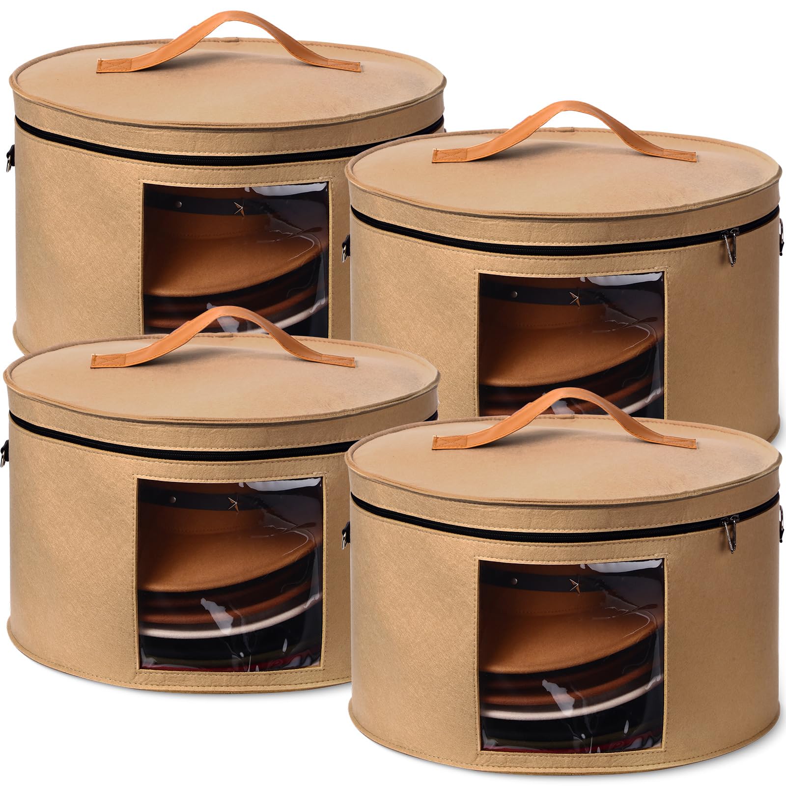 Suzile 4 Pack Large Round Foldable Felt Hat Box for Women Storage 17 x 10 Inch Cowboy Hat Storage Box with Lid Closet Cowboy Hat Case Hat Organizer Box Clothes Storage Bin(Camel)