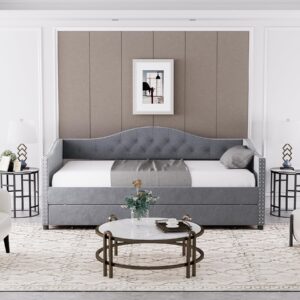 Rophefx Upholstered Daybed with Trundle, Twin Size Daybed Frame, Button-Tufted Sofa Daybed,Modern Linen Furniture for Bedroom Living Room, Grey