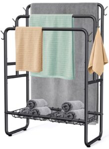 kayfia 40" tall standing towel racks, 3 tier towel stand blanket rack with 2 removable storage baskets & 6 hooks, indoor outdoor freestanding towel racks for bathroom bedroom organizer (metal black)