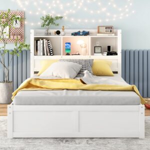 Full Storage Bed Frame with Twin Size Trundle,Bookcase Headboard and Charging Station,Wood Full Size Platform Bed with Pull Out Shelves and Drawers for Kids,Teens,Adults,Noise Free,White