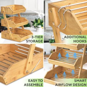 KOMFORA Bamboo Fruit Basket 3-Tier - Premium Produce Basket for Kitchen w/ 2 Hangers - Durable & Easy to Assemble Fruit Stand for Countertop - Perfect Fruit Holder for Vegetables, Bread & Snacks