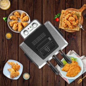 1800W 5 Liters/21 Cups Large Electric Deep Fryer with 3 Frying Baskets for Home Use, Adjustable Temperature,View Window Lid,Countertop Stainless Steel Body Deep Fryer Pot,Perfect for Kitchen, Fry Fish