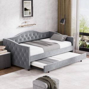 rophefx upholstered daybed with trundle, twin size daybed frame, button-tufted sofa daybed,modern linen furniture for bedroom living room, grey