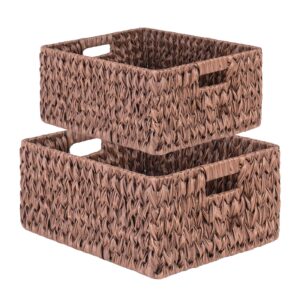 atedir large wicker basket, waterproof wicker storage basket, odorless plastic woven baskets for organizing, rectangle rattan basket with handle, brown (17x13x7inch & 15.6x11.6x6inch)