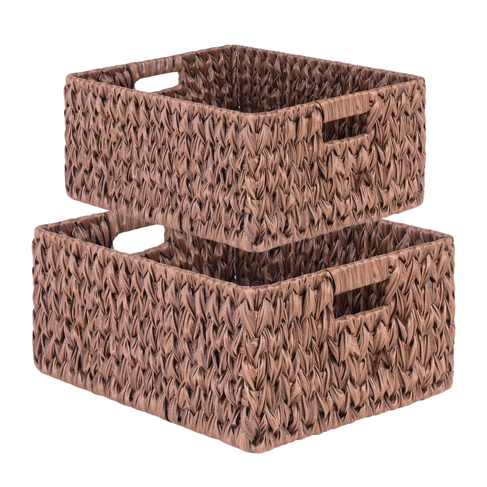 ATEDIR Large Wicker Basket, Waterproof Wicker Storage Basket, Odorless Plastic Woven Baskets for Organizing, Rectangle Rattan Basket with Handle, Brown (17x13x7inch & 15.6x11.6x6inch)