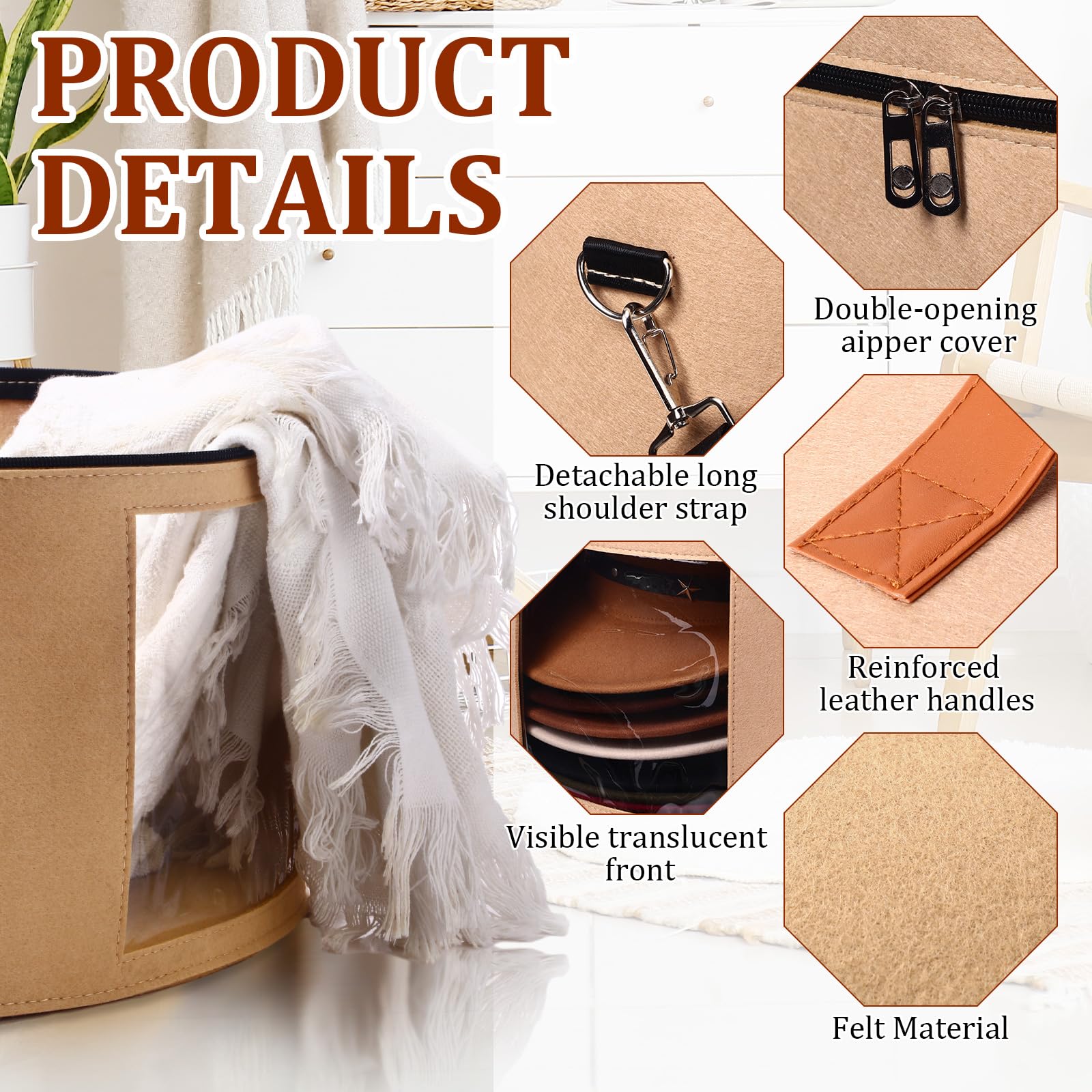 Suzile 4 Pack Large Round Foldable Felt Hat Box for Women Storage 17 x 10 Inch Cowboy Hat Storage Box with Lid Closet Cowboy Hat Case Hat Organizer Box Clothes Storage Bin(Camel)