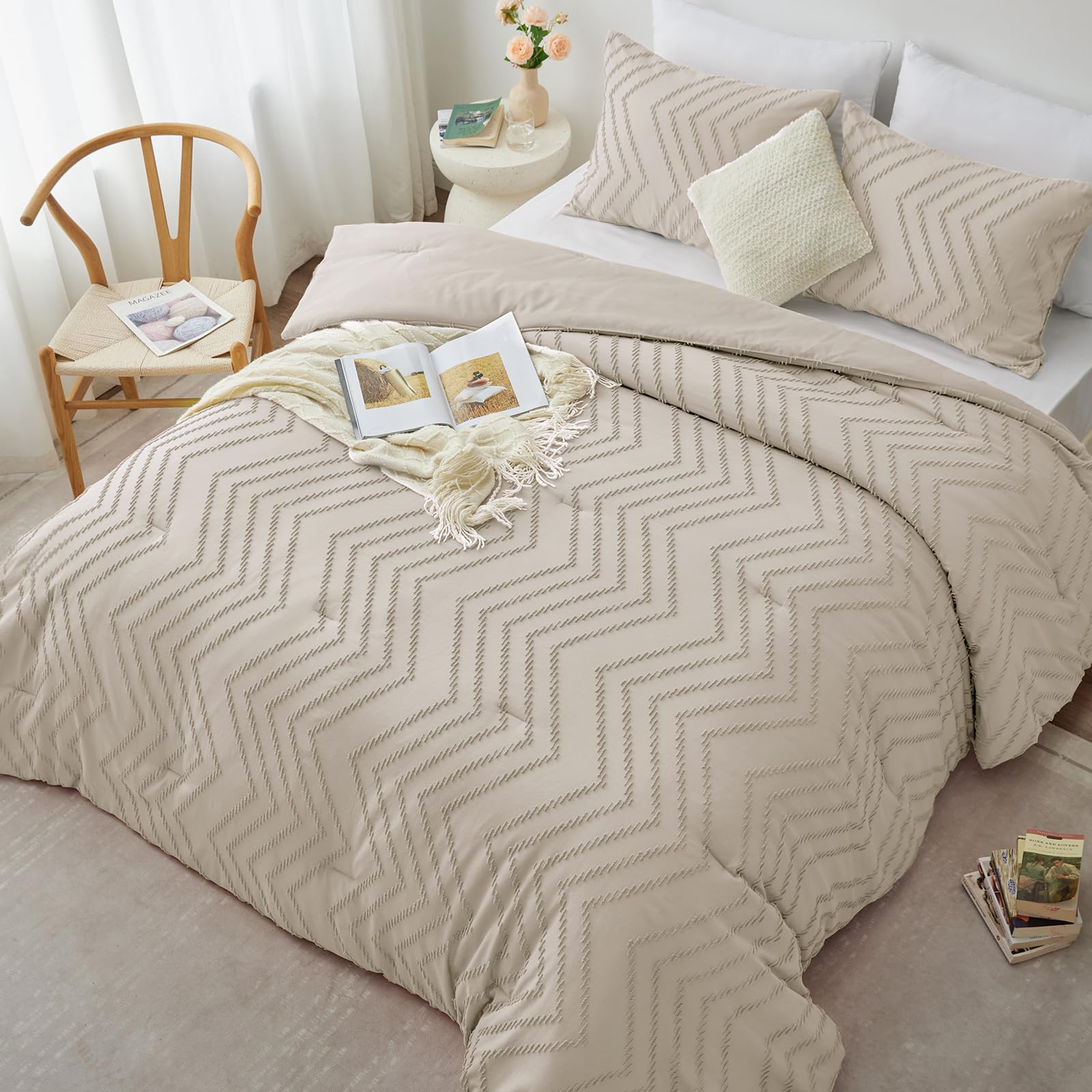 CozyLux Twin/Twin XL Size Comforter Set Beige - 1 Pieces Boho Tufted Shabby Chic Bedding Comforter Set for All Seasons, Chevron Bedding Sets with Comforter & 1 Pillow Shams