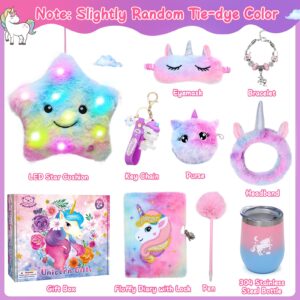 Tacobear Unicorns Gifts for Girls Kids Toys 6 7 8 9 10 Years Old with Star Light Up Pillow Stationery Plush Diary with Lock Headband Eye Mask Water Bottle Teen Girl Birthday Christmas Unicorn Toy