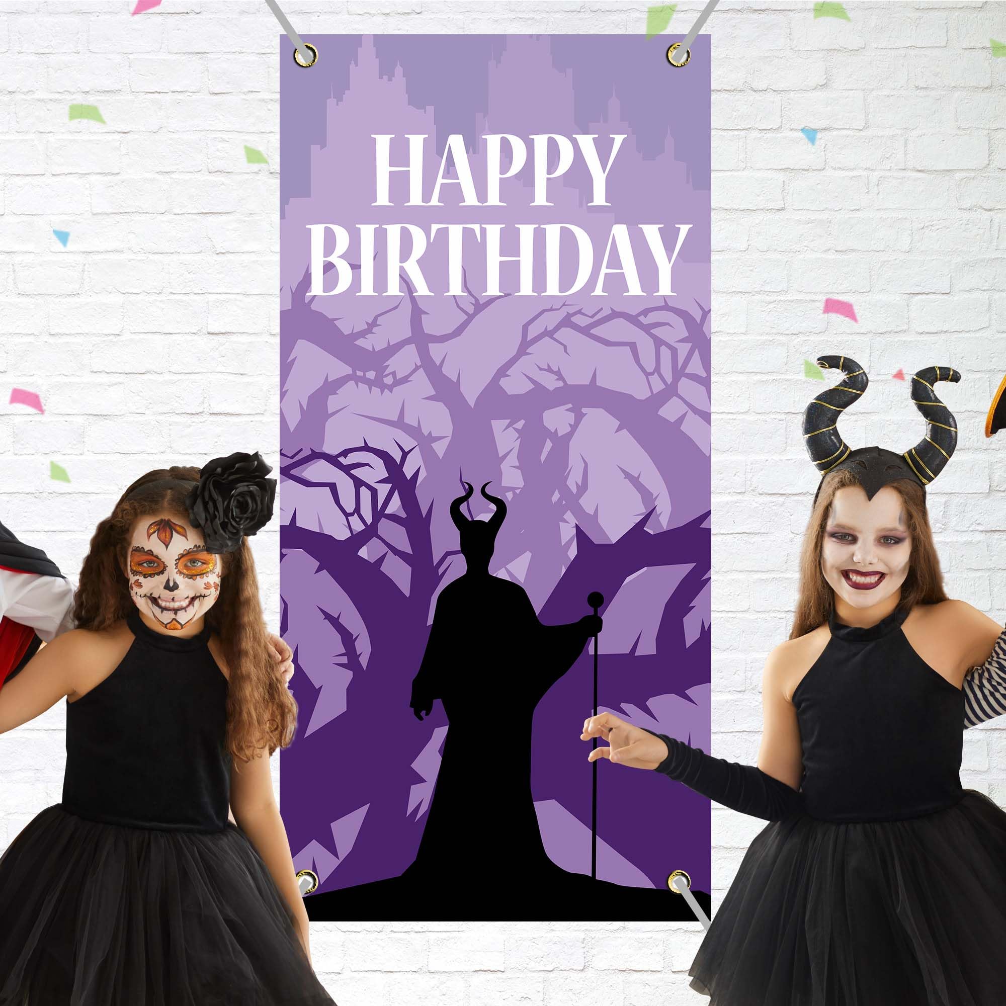 Dark Witch Evil Queens Happy Birthday Banner Backdrop Black Witch Villains Mistress Dark Fairytales Theme Decor for Girls Princess Birthday Party Baby Shower Favors Supplies 35.4x72.8in-BECKTEN