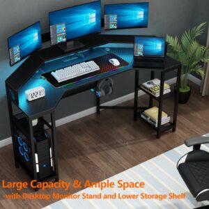 Lomie Computer Desk with Power Outlet & Led Light, 63" Large Wing-Shaped Gaming Desk with Full Monitor Stand, Wireless Charging, RGB Mouse Pad,Headphone Hook,Studio Desk with Storage Shelf for Live