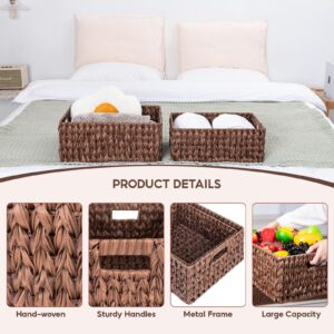 ATEDIR Large Wicker Basket, Waterproof Wicker Storage Basket, Odorless Plastic Woven Baskets for Organizing, Rectangle Rattan Basket with Handle, Brown (17x13x7inch & 15.6x11.6x6inch)