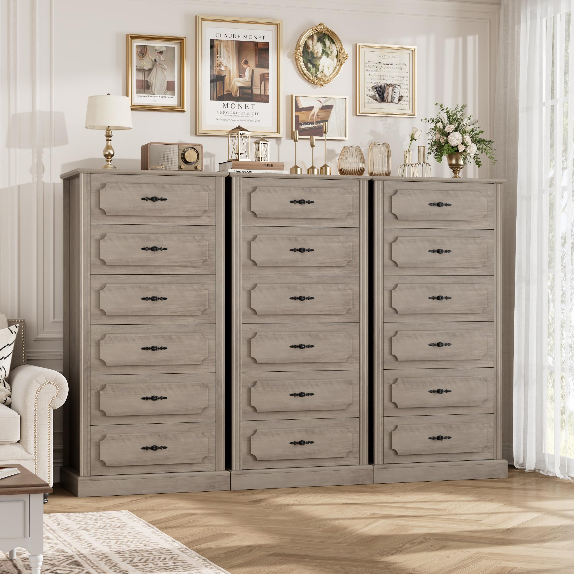 FINETONES 6 Drawer Grey Dresser, 51" Tall Dresser Wood Dresser Chest of Drawers with Large Storage Space, 6 Drawer Dresser Tall Floor Storage Cabinet for Home Office, Ash Grey