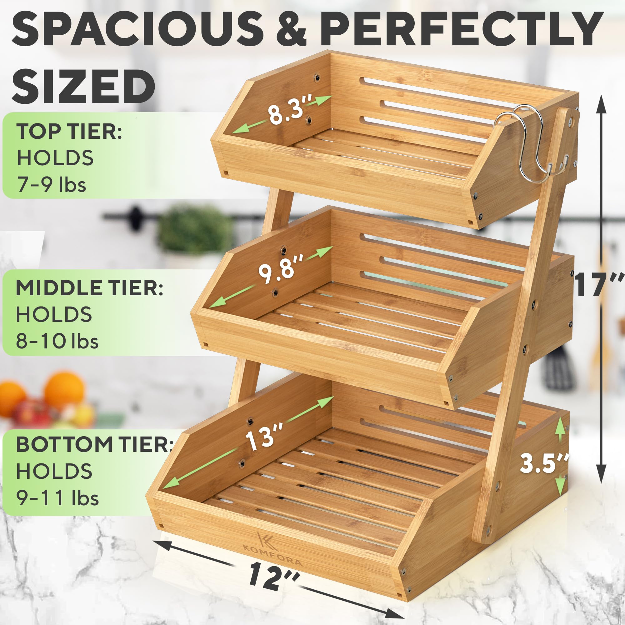 KOMFORA Bamboo Fruit Basket 3-Tier - Premium Produce Basket for Kitchen w/ 2 Hangers - Durable & Easy to Assemble Fruit Stand for Countertop - Perfect Fruit Holder for Vegetables, Bread & Snacks