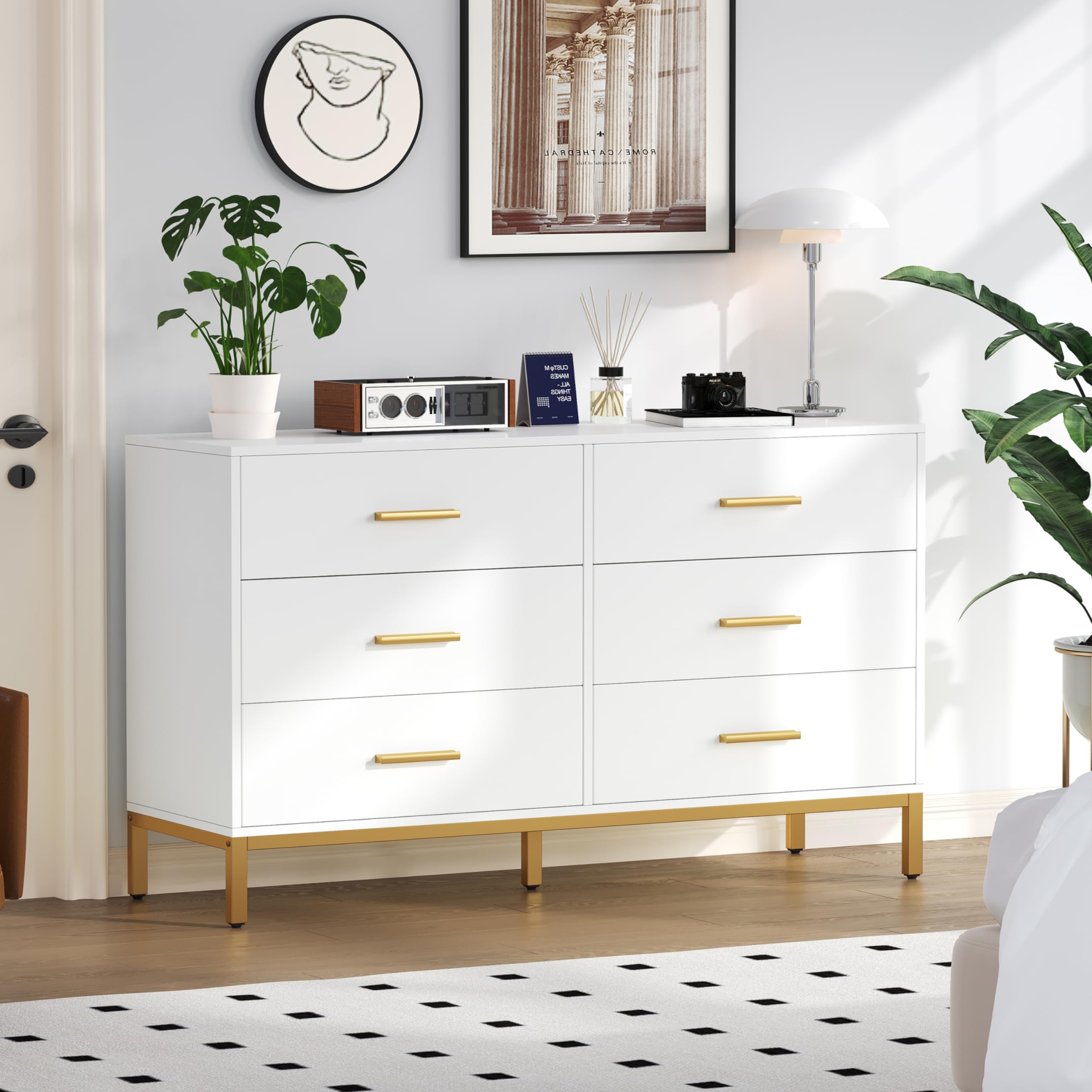 Keehusux 6 Drawer Dresser for Bedroom, Chest of Drawers with Gold Handles and Legs, Modern Dresser with 6 Drawers, Wide TV Dresser for Living Room, Hallway, Closet, White KES001WDG