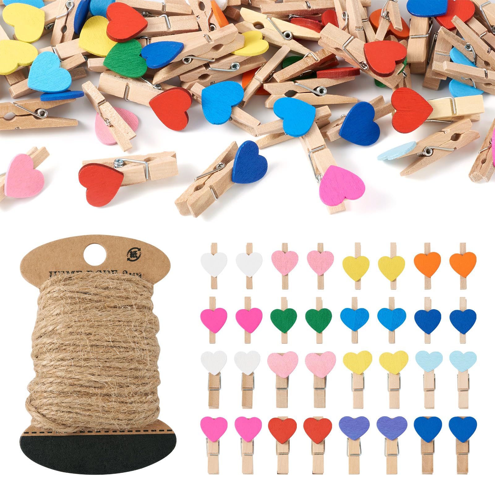 Pandahall 100Pcs Wooden Heart Clothespins Mini Photo Clips Photo Paper Pegs Clips Mixed Color Clothes Pins Holiday Card Holder Display with 10.9 Yards Jute Twine