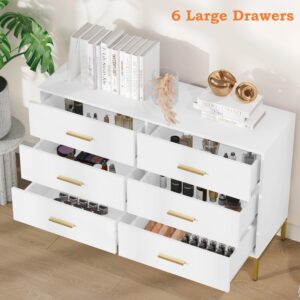 Keehusux 6 Drawer Dresser for Bedroom, Chest of Drawers with Gold Handles and Legs, Modern Dresser with 6 Drawers, Wide TV Dresser for Living Room, Hallway, Closet, White KES001WDG