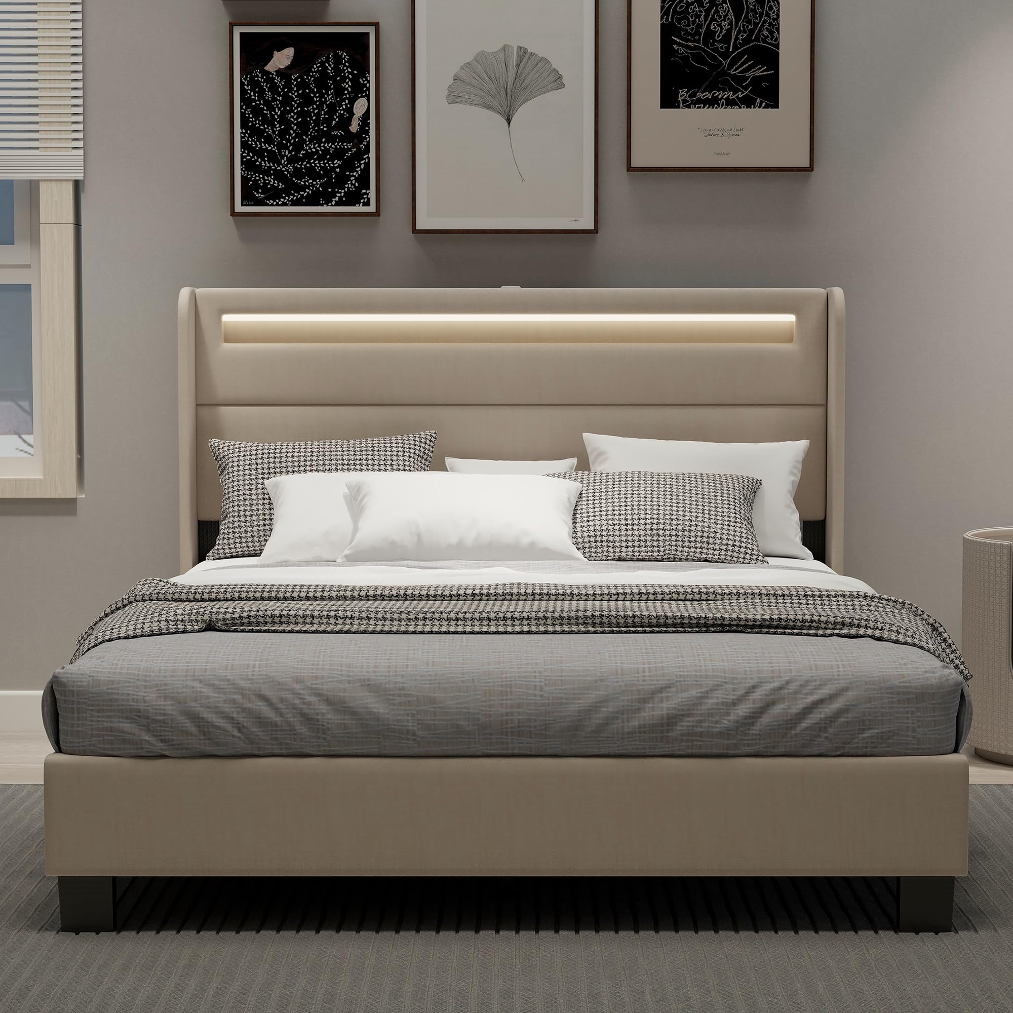 alazyhome Upholstered Queen Bed Frame with Headboard LED Lights Platform Bed Wooden Slats Support Non-Slip and Noise-Free Easy Assembly Linen Beige