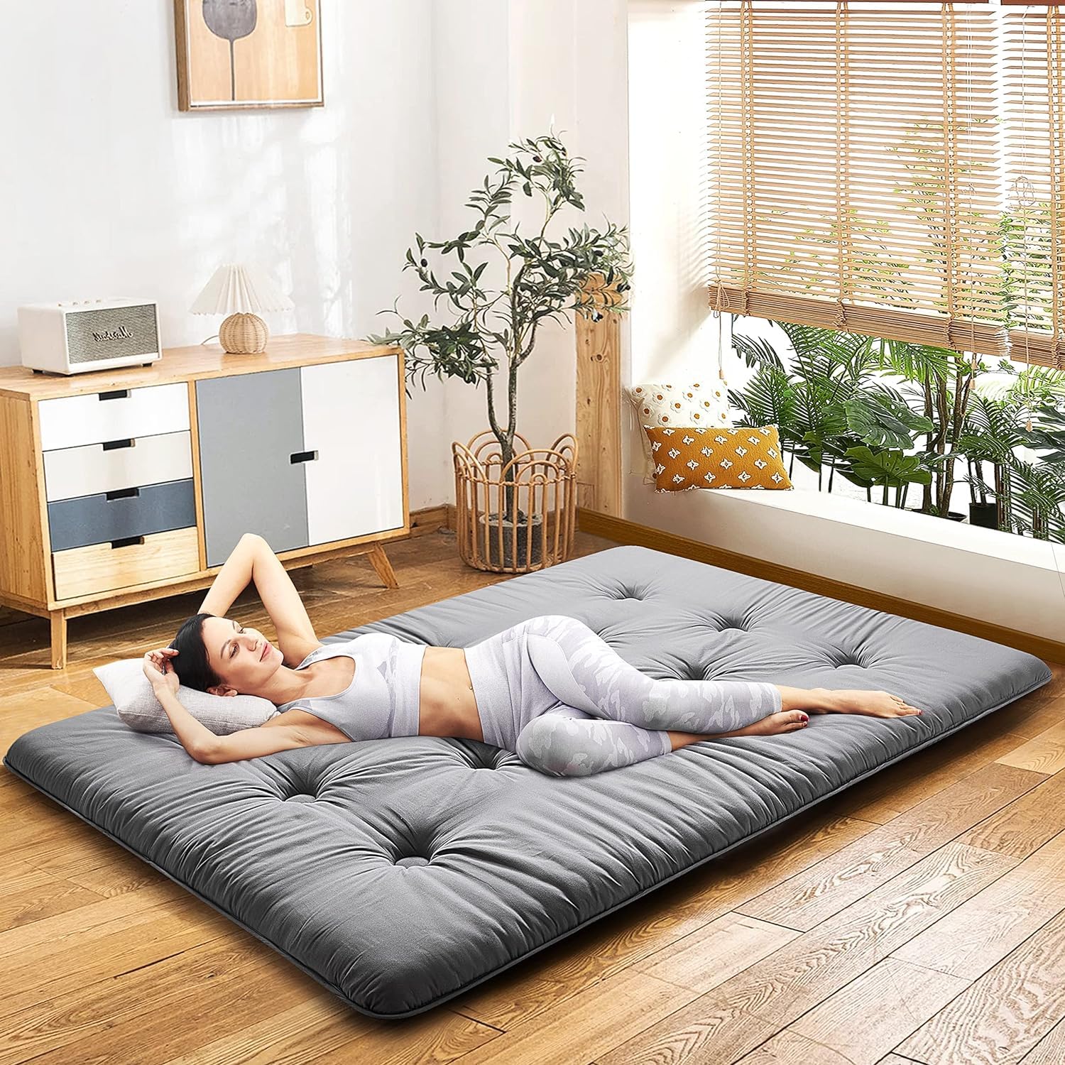 ROKOK Futon Mattress Japanese Floor Mattress Twin XL Size, Floor Bed Springy & Thick 4 '' Foam Roll Up Portable & Foldable Tatami Mat for Sofa Lounger Couch Guest Dormitory, Yoga Sleep Nap Meditation