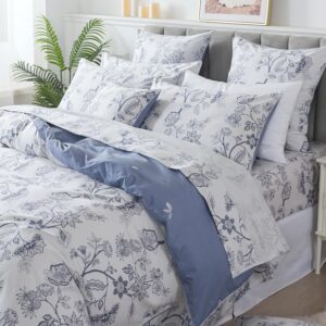 fadfay 7 piece 100% cotton light blue floral bedding set queen size bed sheet set +duvet cover, soft toile flower complete bedding(1 duvet cover, 1 fitted sheet, 1 flat sheet + 4 pillowcase)