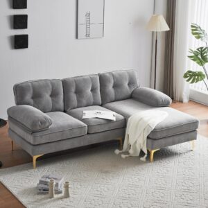 p purlove modern 3 seater sectional sofa, l shape sofa with comfortable soft back and armrest, modern luxury velvet couch with strong metal legs for living room bedroom (light grey)