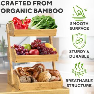 KOMFORA Bamboo Fruit Basket 3-Tier - Premium Produce Basket for Kitchen w/ 2 Hangers - Durable & Easy to Assemble Fruit Stand for Countertop - Perfect Fruit Holder for Vegetables, Bread & Snacks