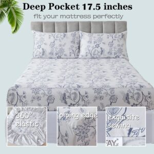 FADFAY 7 Piece 100% Cotton Light Blue Floral Bedding Set Queen Size Bed Sheet Set +Duvet Cover, Soft Toile Flower Complete Bedding(1 Duvet Cover, 1 Fitted Sheet, 1 Flat Sheet + 4 Pillowcase)