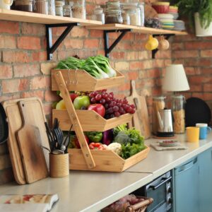 KOMFORA Bamboo Fruit Basket 3-Tier - Premium Produce Basket for Kitchen w/ 2 Hangers - Durable & Easy to Assemble Fruit Stand for Countertop - Perfect Fruit Holder for Vegetables, Bread & Snacks