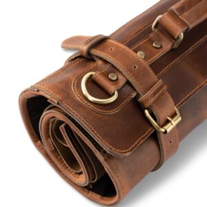 Angus Stoke Premium Leather Knife roll Storage Bag XXL - 14 Pockets, Buffalo Leather with Shoulder Strap, Chef's Knife Bag case Rene (Walnut-Brown)