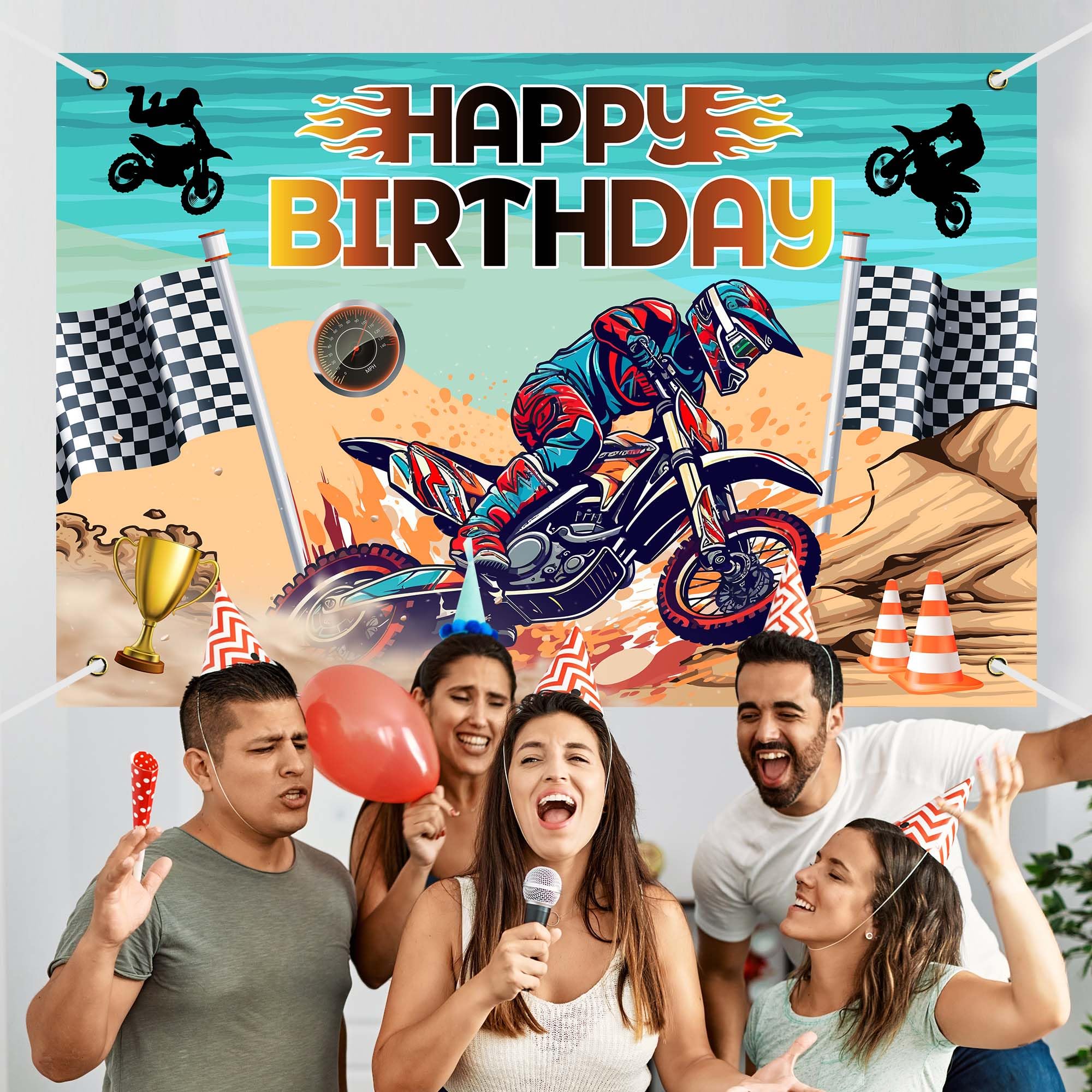 Dirt Bike Happy Birthday Party Banner Backdrop Motocross Racing Competition Checkered Extreme Sports Theme Decor for Riders Boys Girls Birthday Party Favors Decorations Supplies 70.8x47.2in-BECKTEN