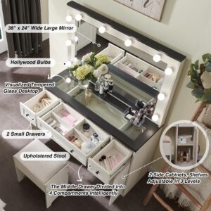 JXQTLINGMU Farmhouse Vanity Desk with Hollywood Makeup Mirror - Ample Storage Space with 3 Drawers & 2 Cabinets - Detachable Light Bulbs, Stool Included, Bedroom, White