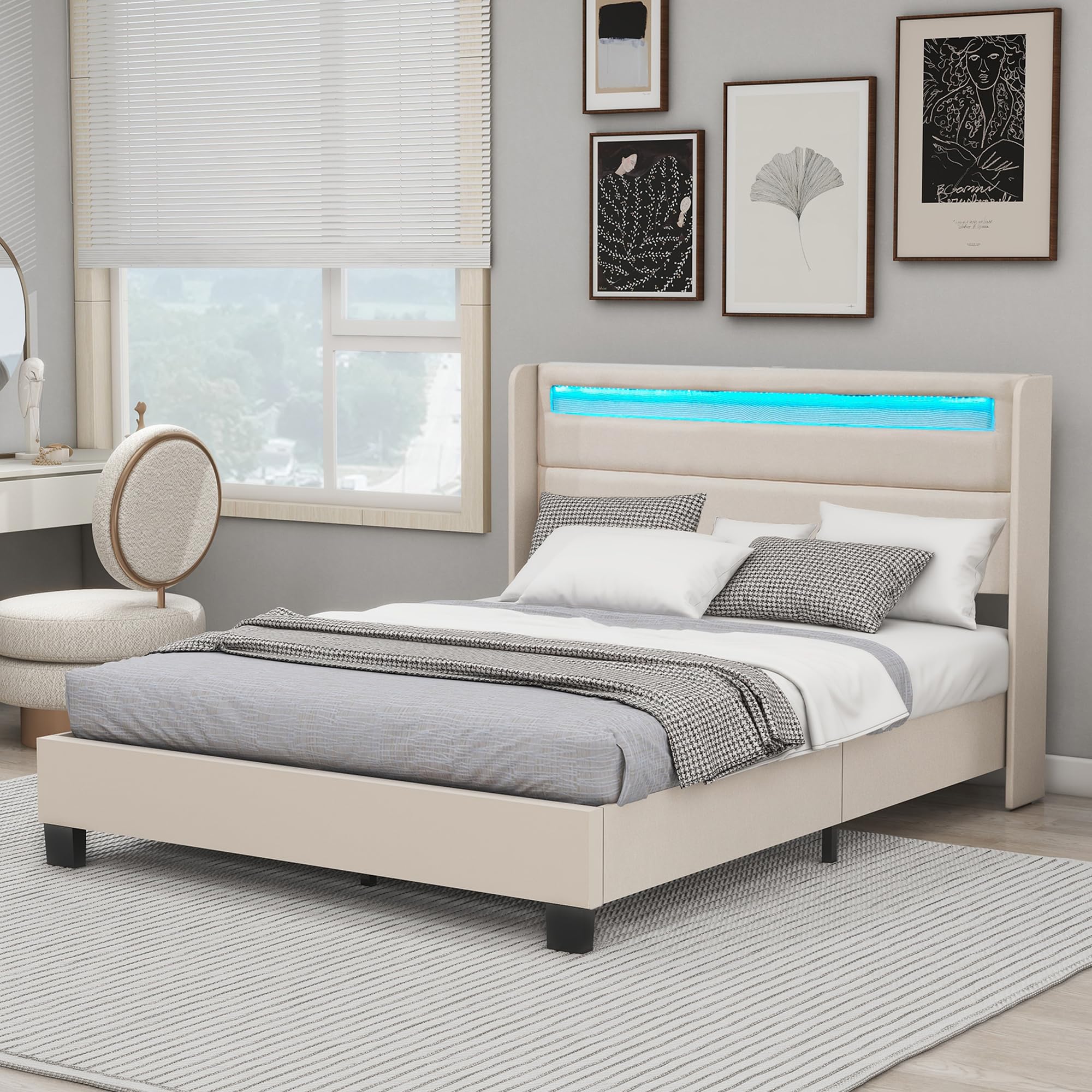 alazyhome Upholstered Queen Bed Frame with Headboard LED Lights Platform Bed Wooden Slats Support Non-Slip and Noise-Free Easy Assembly Linen Beige