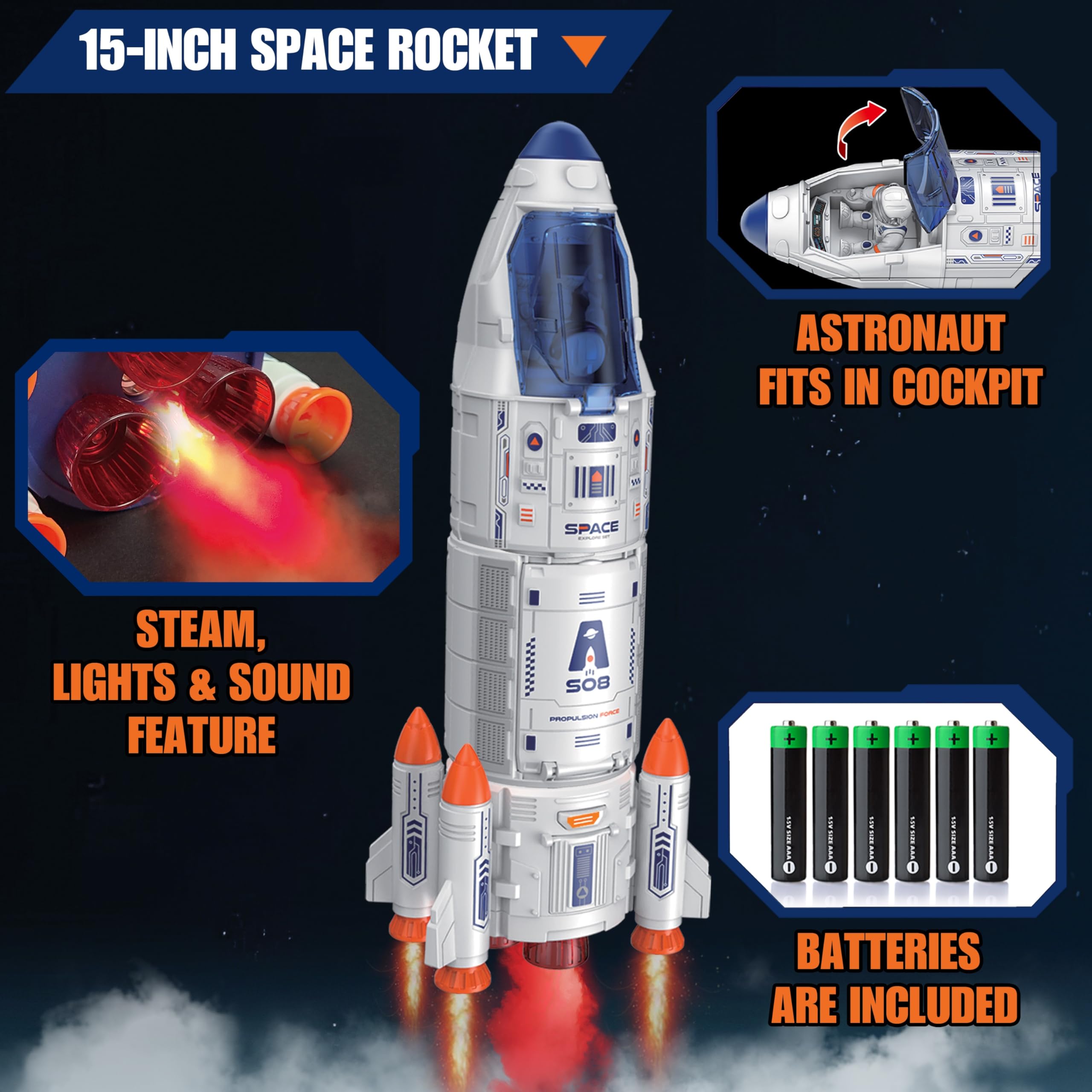 BLOONSY Rocket Ship Toys for Kids | Rocketship Space Shuttle Toys Model with Astronaut Figures | Space Toys for Kids 3 5 7 8 Years Old