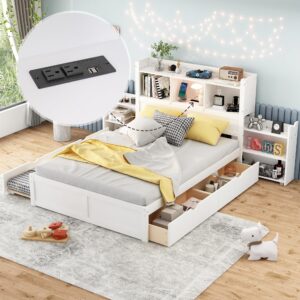 full storage bed frame with twin size trundle,bookcase headboard and charging station,wood full size platform bed with pull out shelves and drawers for kids,teens,adults,noise free,white