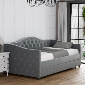 Rophefx Upholstered Daybed with Trundle, Twin Size Daybed Frame, Button-Tufted Sofa Daybed,Modern Linen Furniture for Bedroom Living Room, Grey