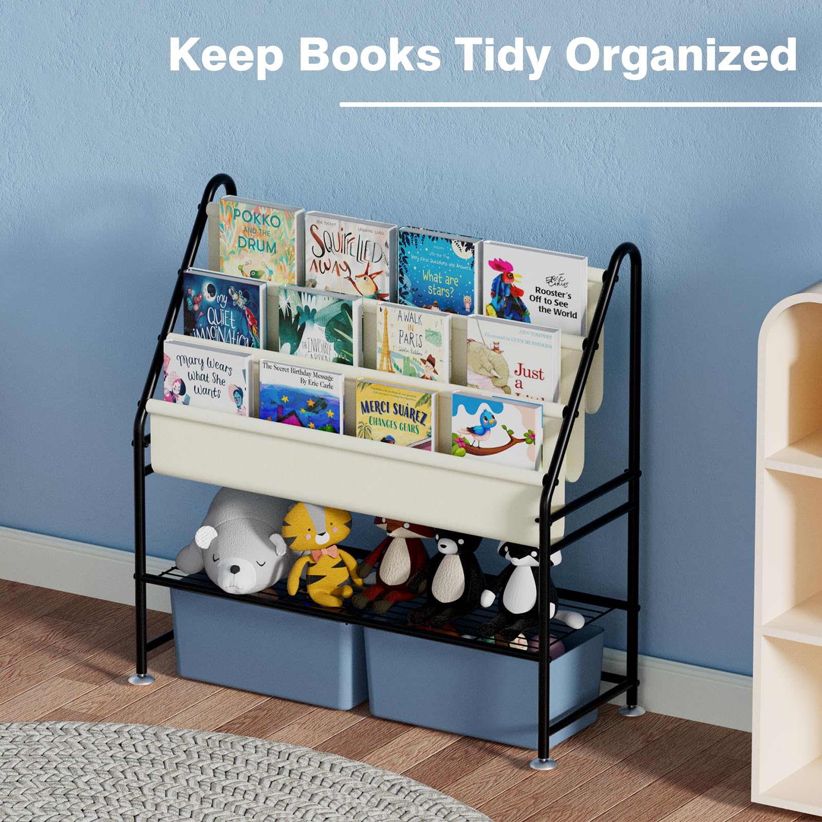 ORLESS Kids Bookcases Freestanding Book Shelf for Kids Rooms, Bedroom, Children Bookcase Toy Storage Metal Black Cabinets Shelves