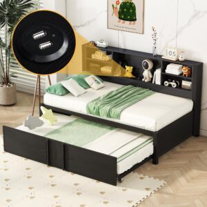 harper & bright designs twin captains bed with trundle and storage headboard, daybed twin with usb charging port and metal frame, industrial style twin trundle bed frame, no box spring needed, black