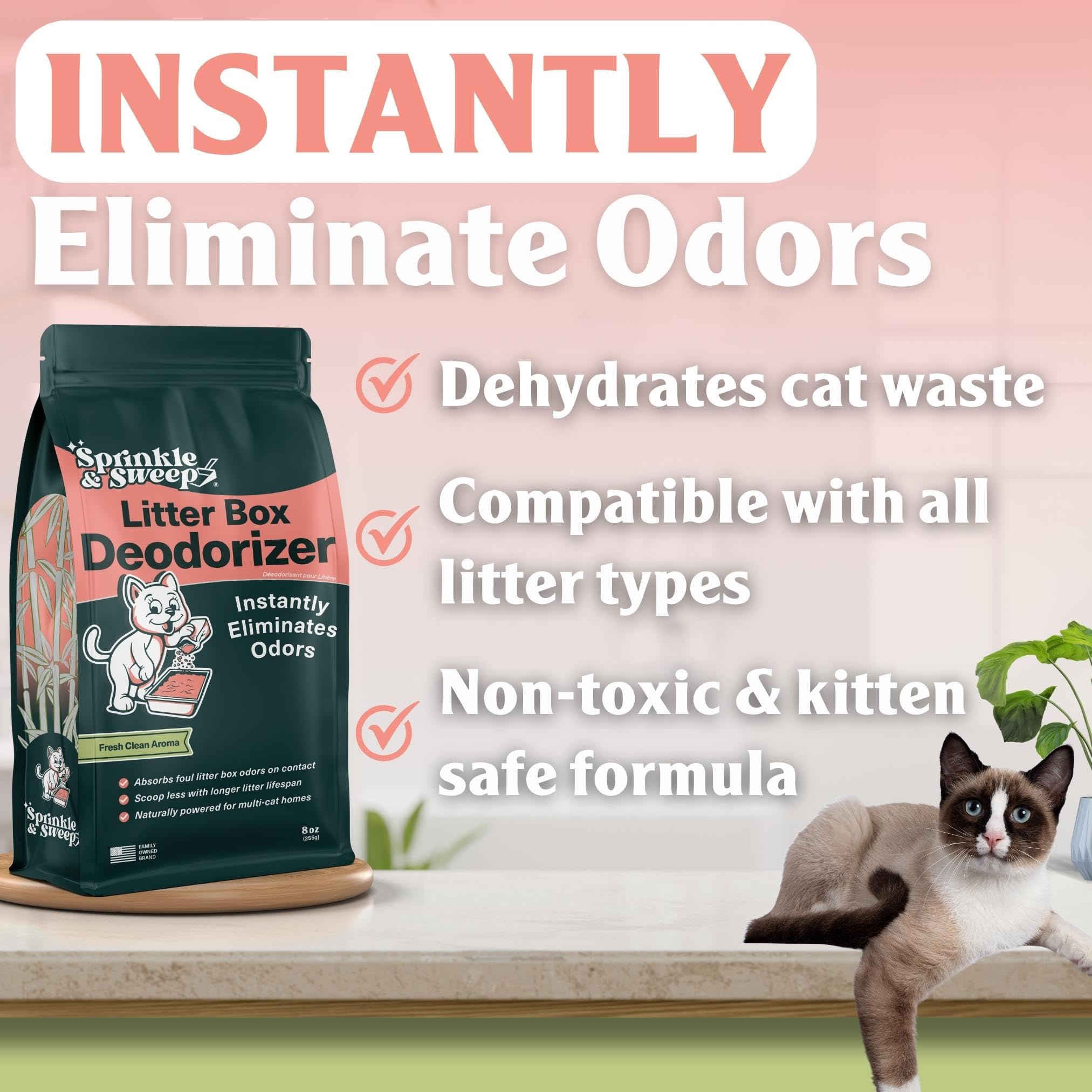 Sprinkle & Sweep Litter Box Deodorizer - Cat Litter Deodorizer Non Toxic and Safe for Kittens - Litter Deodorizer Instantly Eliminates Foul Litter and Urine Odors, One Month Supply (8oz)