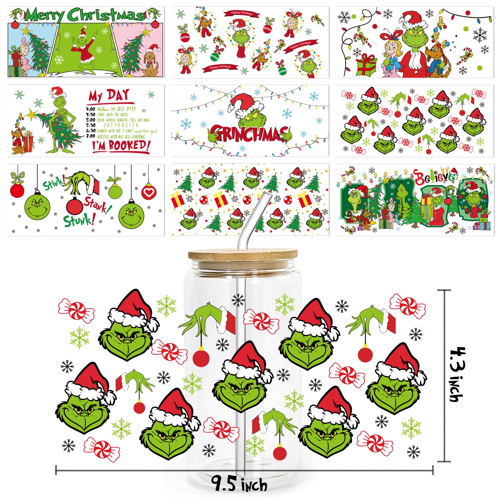 GYGOT 9 Sheets Christmas UV DTF Cup Wrap Transfer for Glass 16 OZ,Christmas Rub on Transfers for Crafts,Waterproof UV DTF Transfer Stickers for Cups Furniture Wood, 9.5x4.3 in