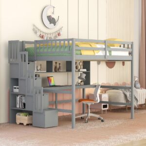 bellemave full size loft bed with desk and storage shelves,wood loft bed frame with storage staircase,high loft bed full for kids,teens, adults,grey