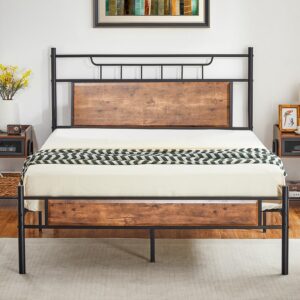 vecelo queen size bed frame with wood headboard, strong metal slats support for platform,no box spring needed,easy assembly,rustic brown