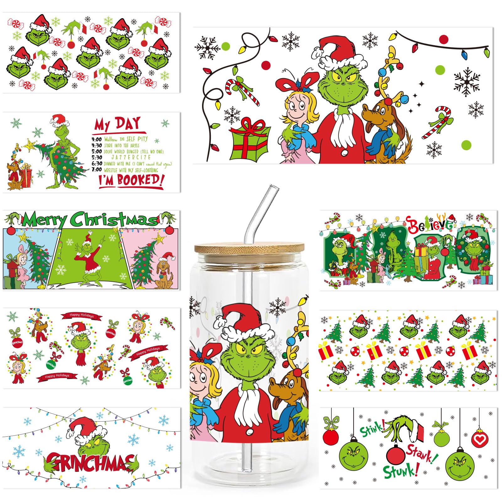 GYGOT 9 Sheets Christmas UV DTF Cup Wrap Transfer for Glass 16 OZ,Christmas Rub on Transfers for Crafts,Waterproof UV DTF Transfer Stickers for Cups Furniture Wood, 9.5x4.3 in