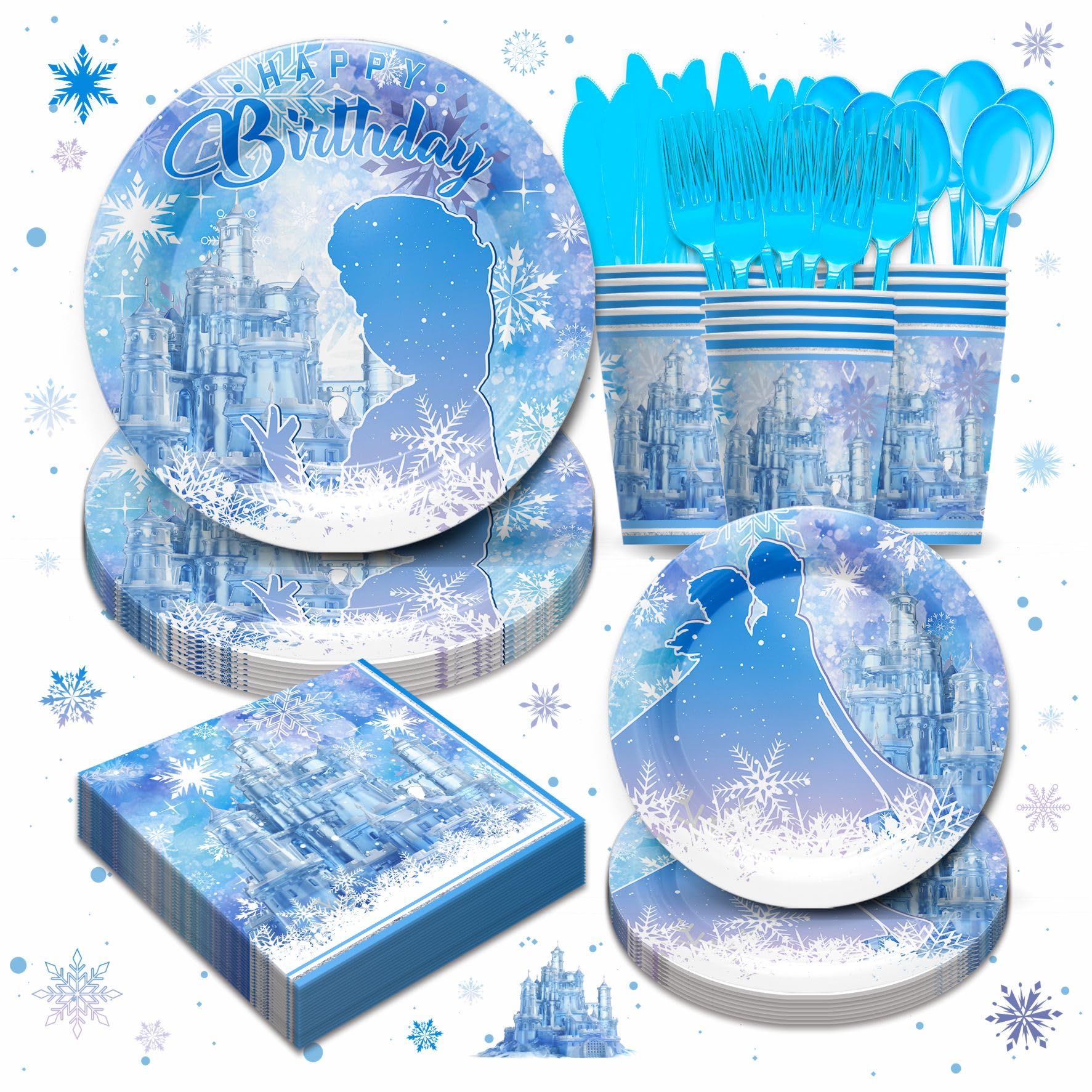 Piooluialy Frozen Birthday Party Supplies Tableware - Frozen Themed Party Decorations Include Dinner Plates, Cups, Napkins, Cutlery, Snow Frozen Baby Shower Birthday Party Decorations | 24 Guests