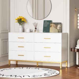 Keehusux 6 Drawer Dresser for Bedroom, Chest of Drawers with Gold Handles and Legs, Modern Dresser with 6 Drawers, Wide TV Dresser for Living Room, Hallway, Closet, White KES001WDG