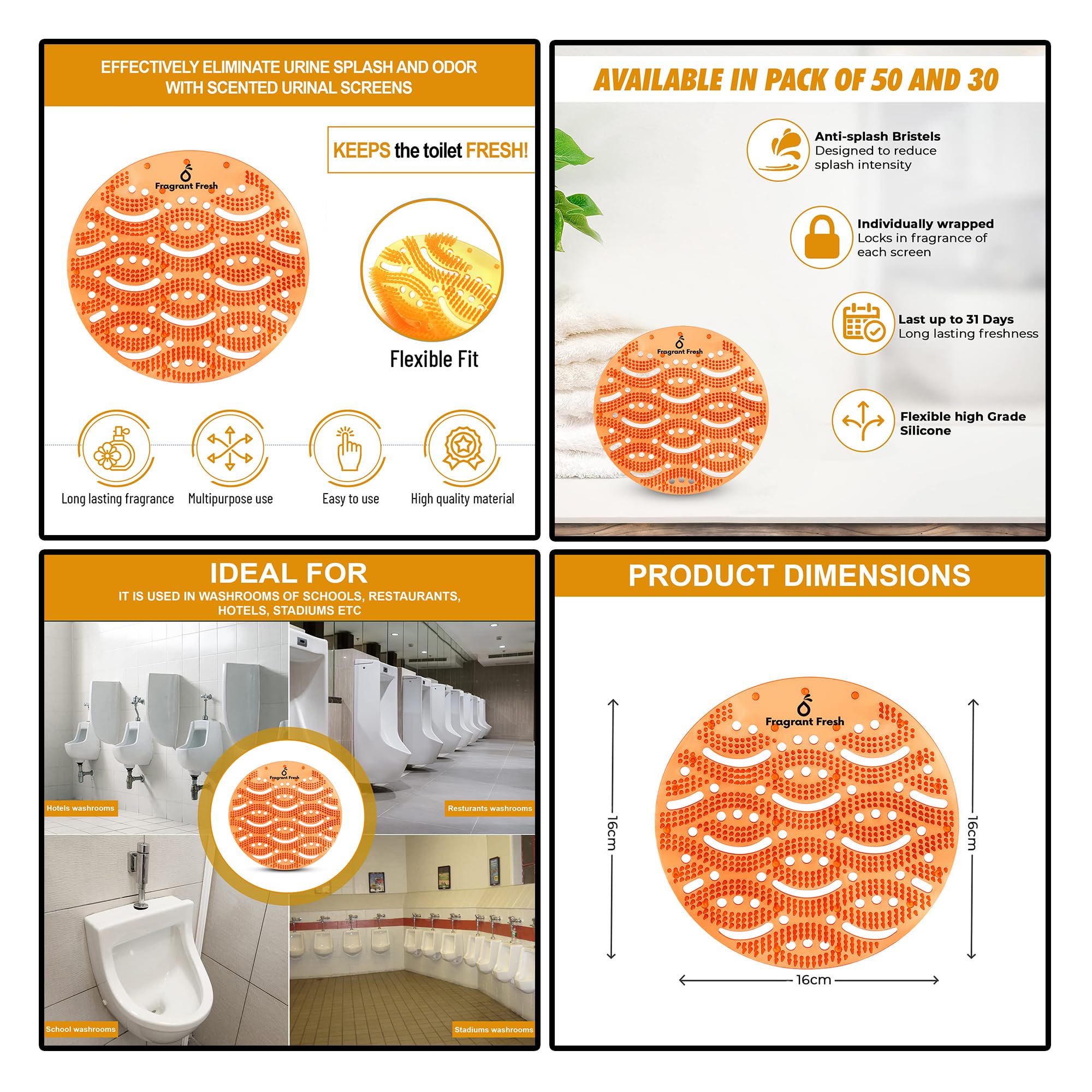 Urinal Screen Deodorizer (30Pack) Anti Splash Long Lasting Fragrance Urinal Cakes Eliminate odours Keeps Bathroom fresh- For Public and Private restrooms-Multiple Use-Orange Citrus