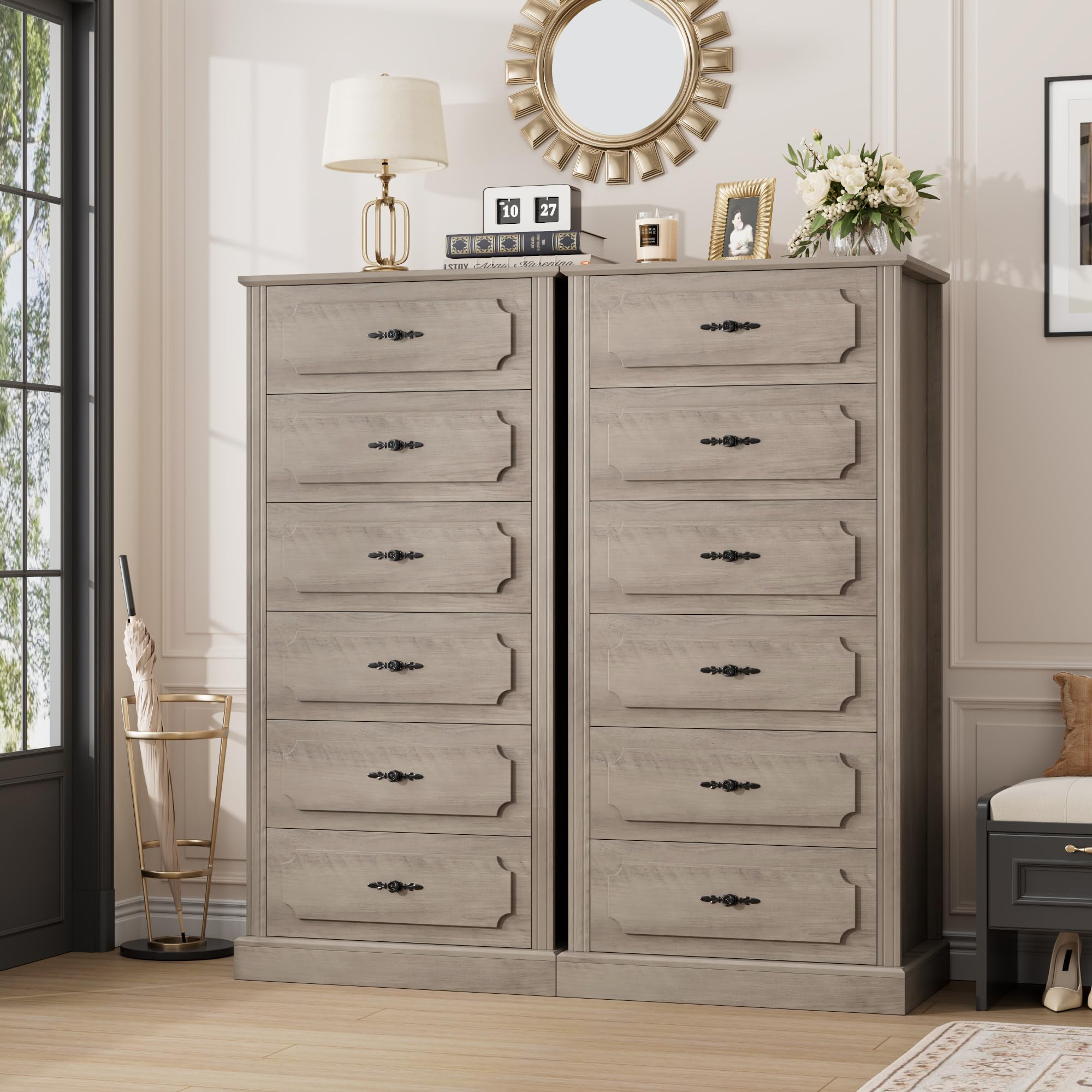 FINETONES 6 Drawer Grey Dresser, 51" Tall Dresser Wood Dresser Chest of Drawers with Large Storage Space, 6 Drawer Dresser Tall Floor Storage Cabinet for Home Office, Ash Grey