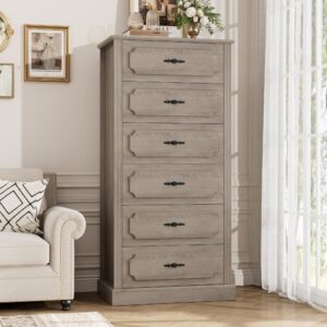 finetones 6 drawer grey dresser, 51" tall dresser wood dresser chest of drawers with large storage space, 6 drawer dresser tall floor storage cabinet for home office, ash grey