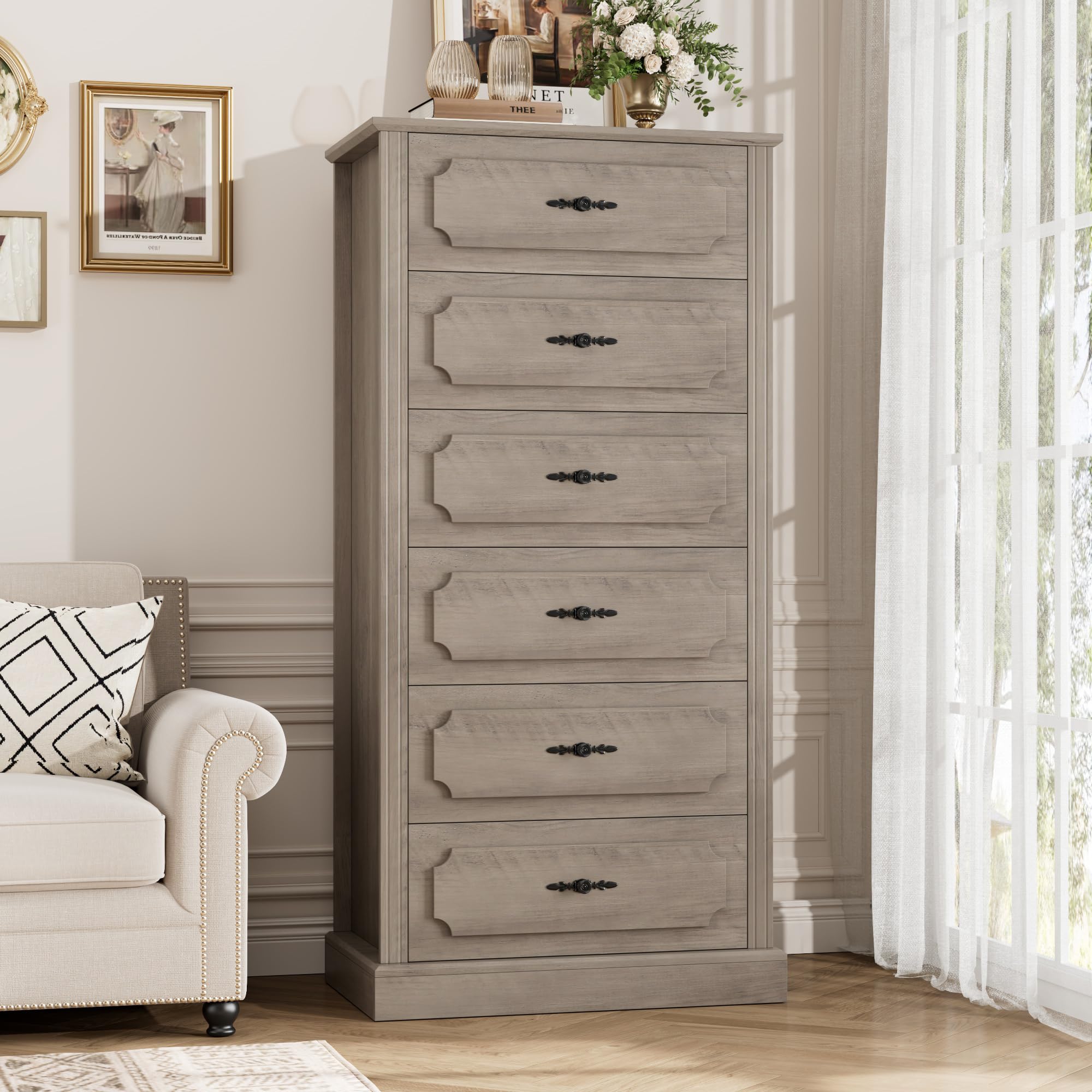 FINETONES 6 Drawer Grey Dresser, 51" Tall Dresser Wood Dresser Chest of Drawers with Large Storage Space, 6 Drawer Dresser Tall Floor Storage Cabinet for Home Office, Ash Grey