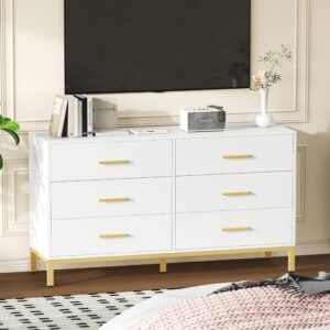 Keehusux 6 Drawer Dresser for Bedroom, Chest of Drawers with Gold Handles and Legs, Modern Dresser with 6 Drawers, Wide TV Dresser for Living Room, Hallway, Closet, White KES001WDG